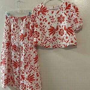 Cupcake and Cashmere Two Purce Red/White Floral Linen Skirt Set SZ Large